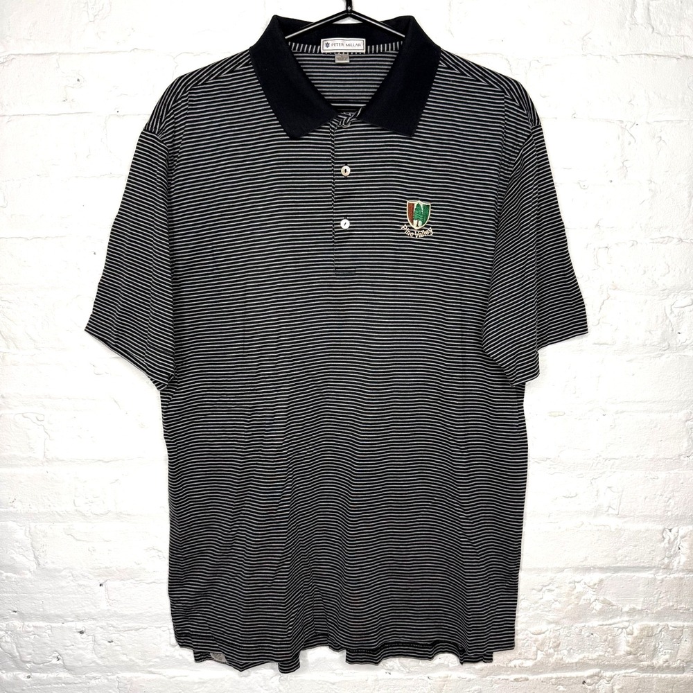 Peter Millar Short Sleeve Black White Striped Pine Valley Golf Polo Shirt Sz L